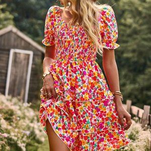 Smocked Sweetheart Neck Flounce Sleeve Mini Dress